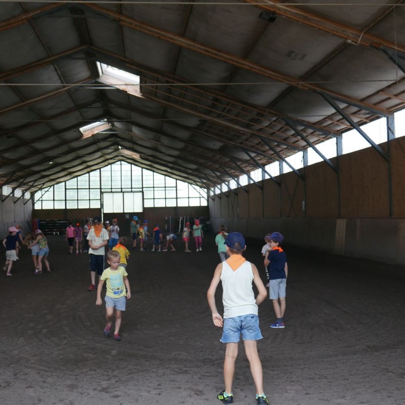 Dzieci biegają po zamkniętej hali na stadninie koni.