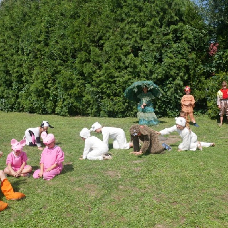 Dzieci w kostiumach zwierząt bawią się na trawie w słoneczny dzień.