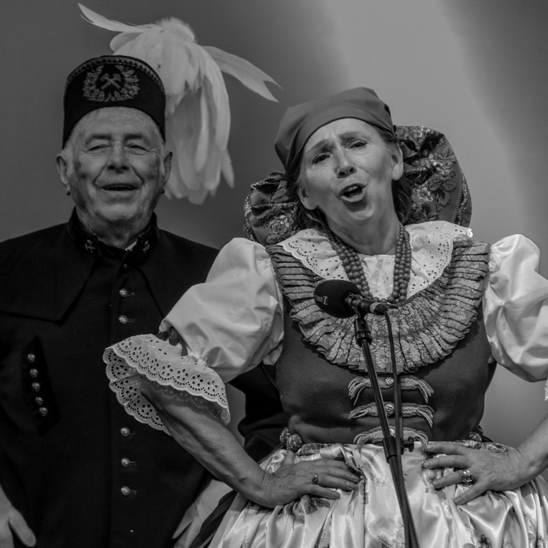 Czarno-białe zdjęcia Zespołu Pieśni i Tańca podczas tańca i śpiewu.